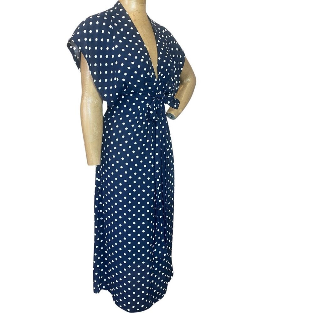 QED London Navy & White Polka Dot Midi Dress Sz 4 #131R